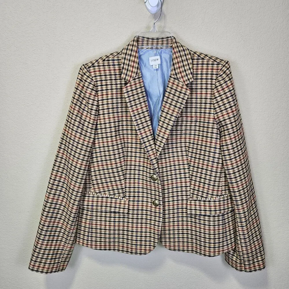 J.Crew Tweed Schoolboy Blazer Women 14 Camel Navy Plaid Gold Crest Buttons NEW